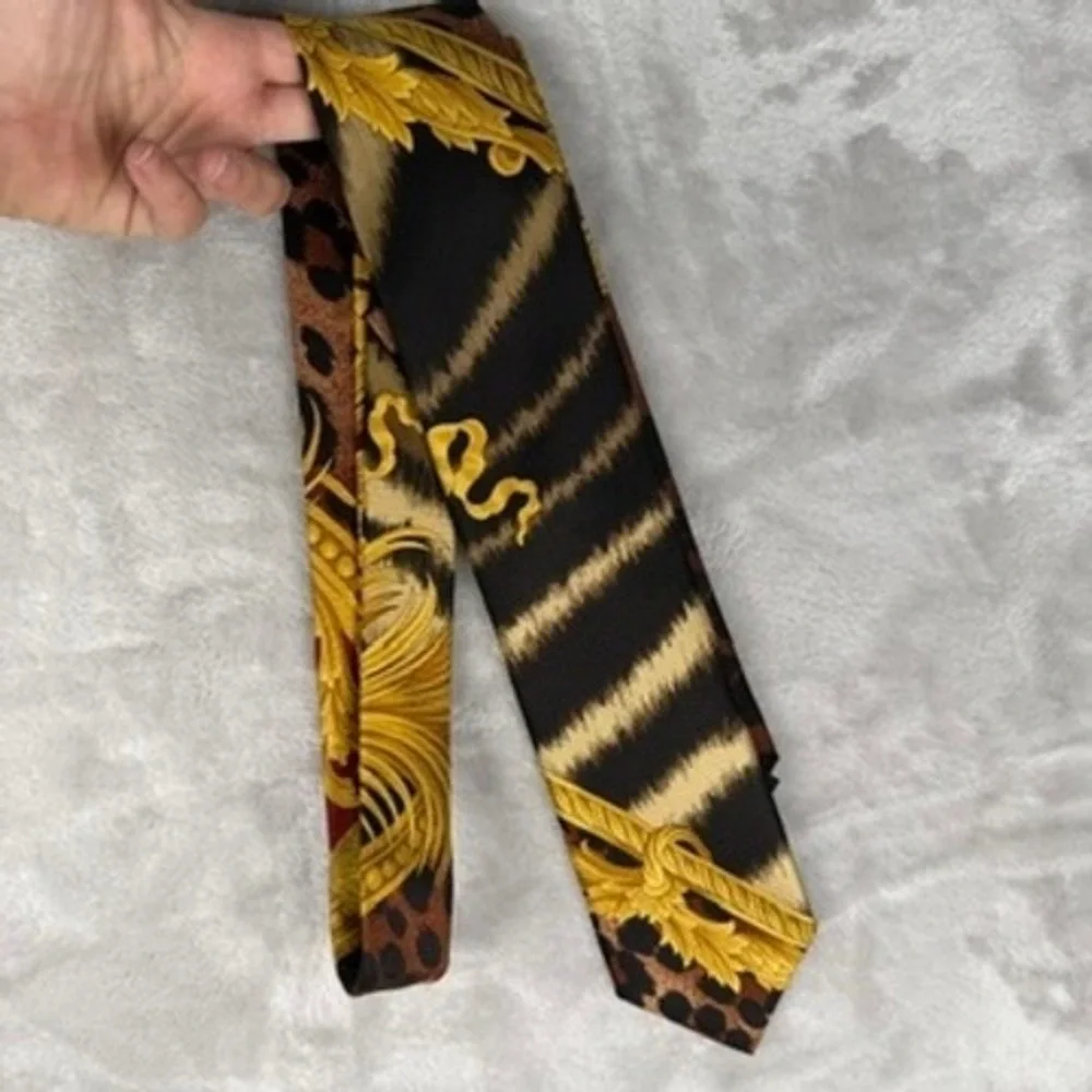 Vintage Versace‎ Mens Silk Tie Black Gold Baroque Zebra Leopard Print